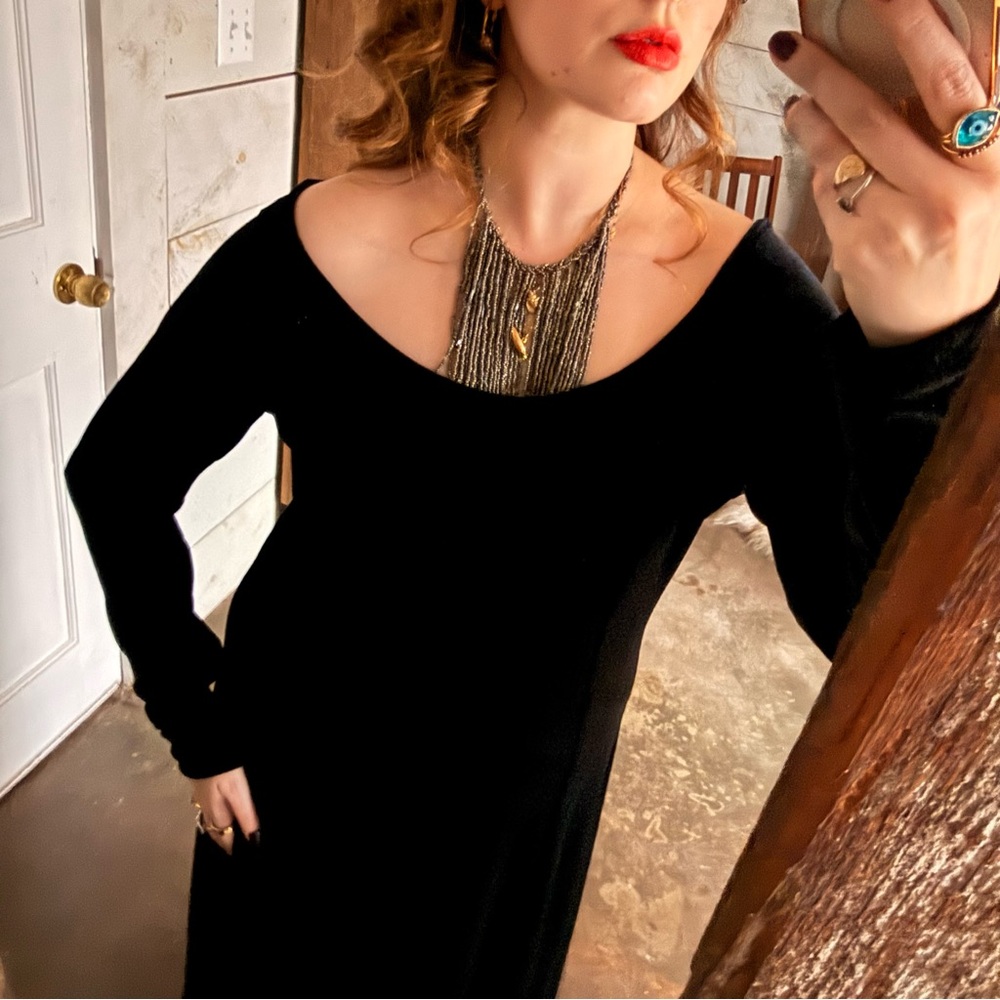 True vintage Black velvet maxi dress with long sleeves and scoop neck formal
